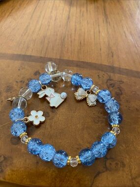 Blue Bead Charm Bracelet with Bunny and Flower Charms